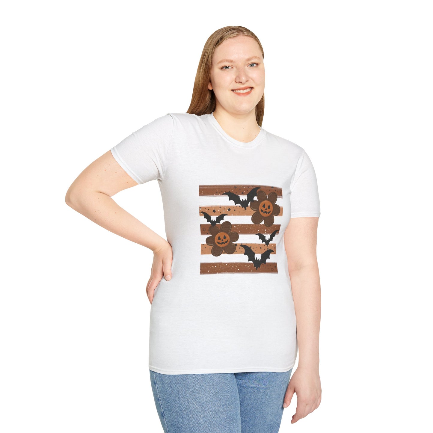 Halloween Pumpkin & Bat Striped T-Shirt — Spooky Fall Graphic Tee