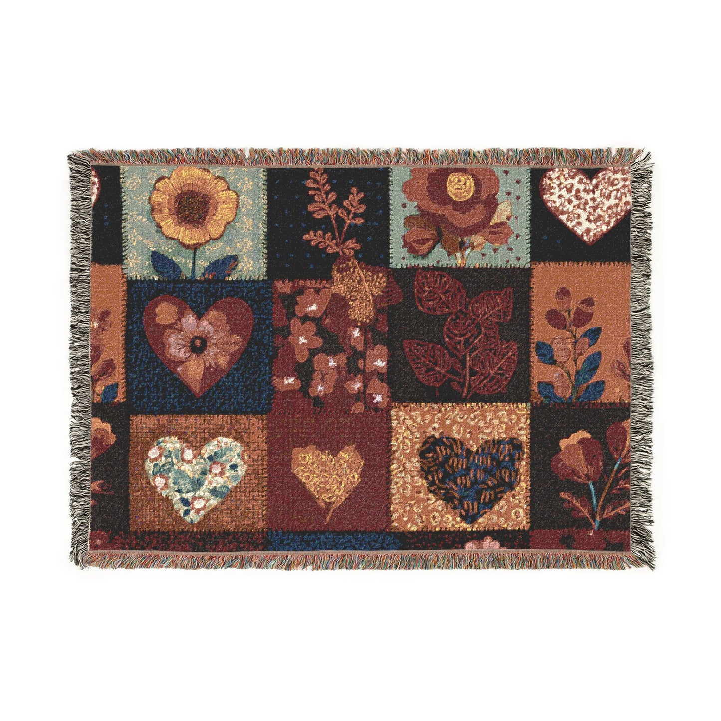 Heart Patchwork Woven Blanket — Rustic Floral Throw for Cozy Home & Gift