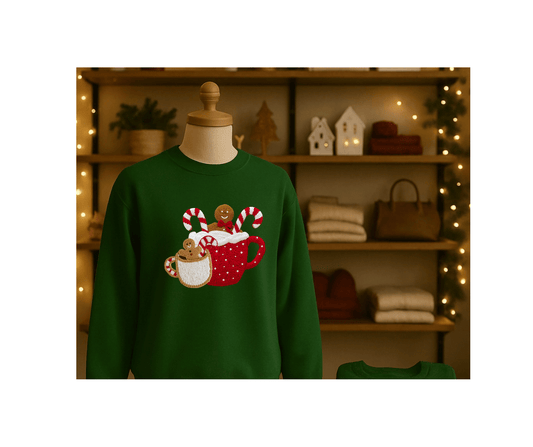 ☕ Hot Cocoa Christmas Tee – Gingerbread & Candy Cane Faux Yarn Holiday T-Shirt