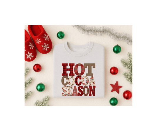 ☕ Hot Cocoa Season Tee – Plaid & Floral Patchwork Holiday T-Shirt