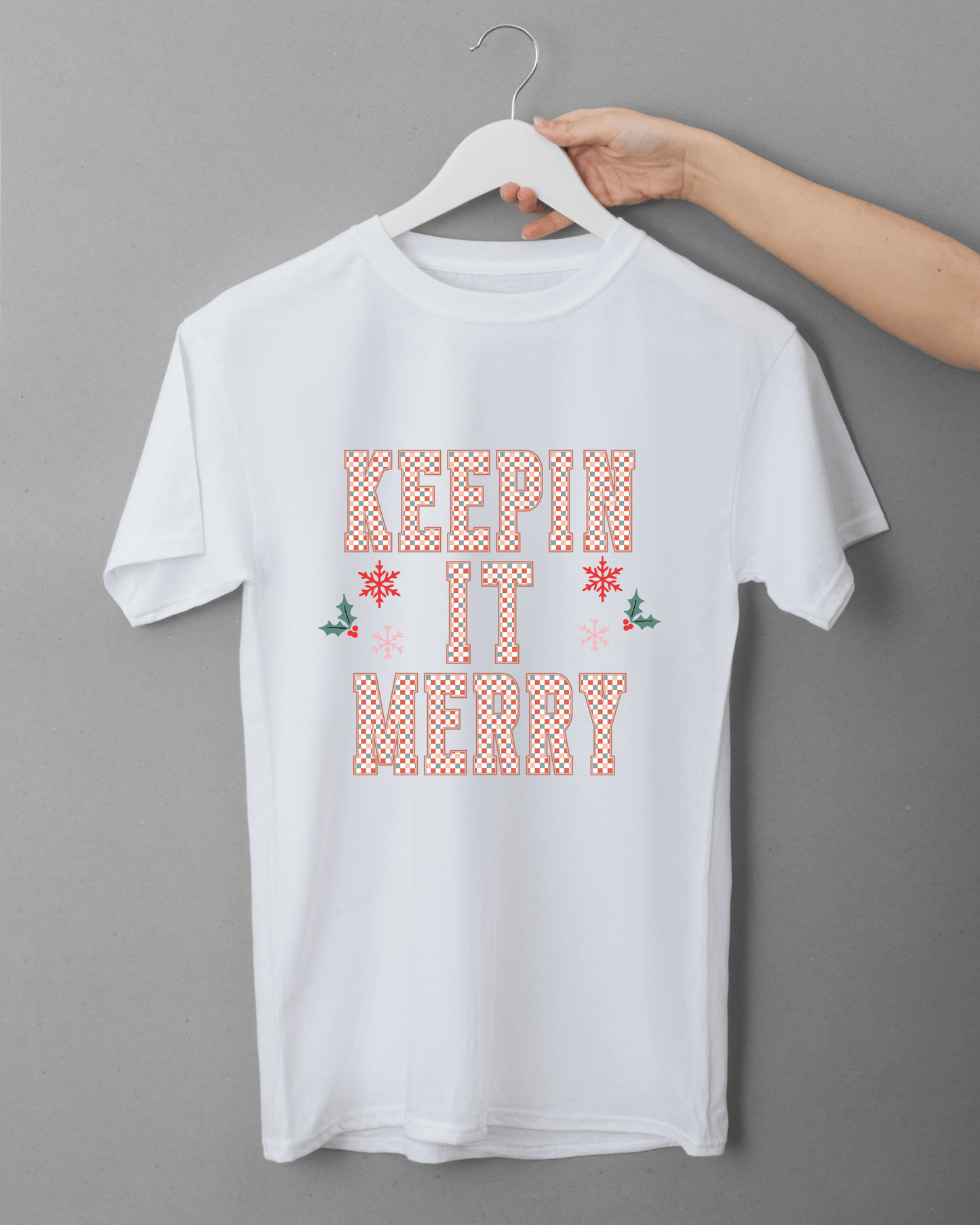 Merry and Bright Christmas T-Shirt | Retro Holiday Checkered Lettering Tee | Festive Vintage-Inspired Shirt