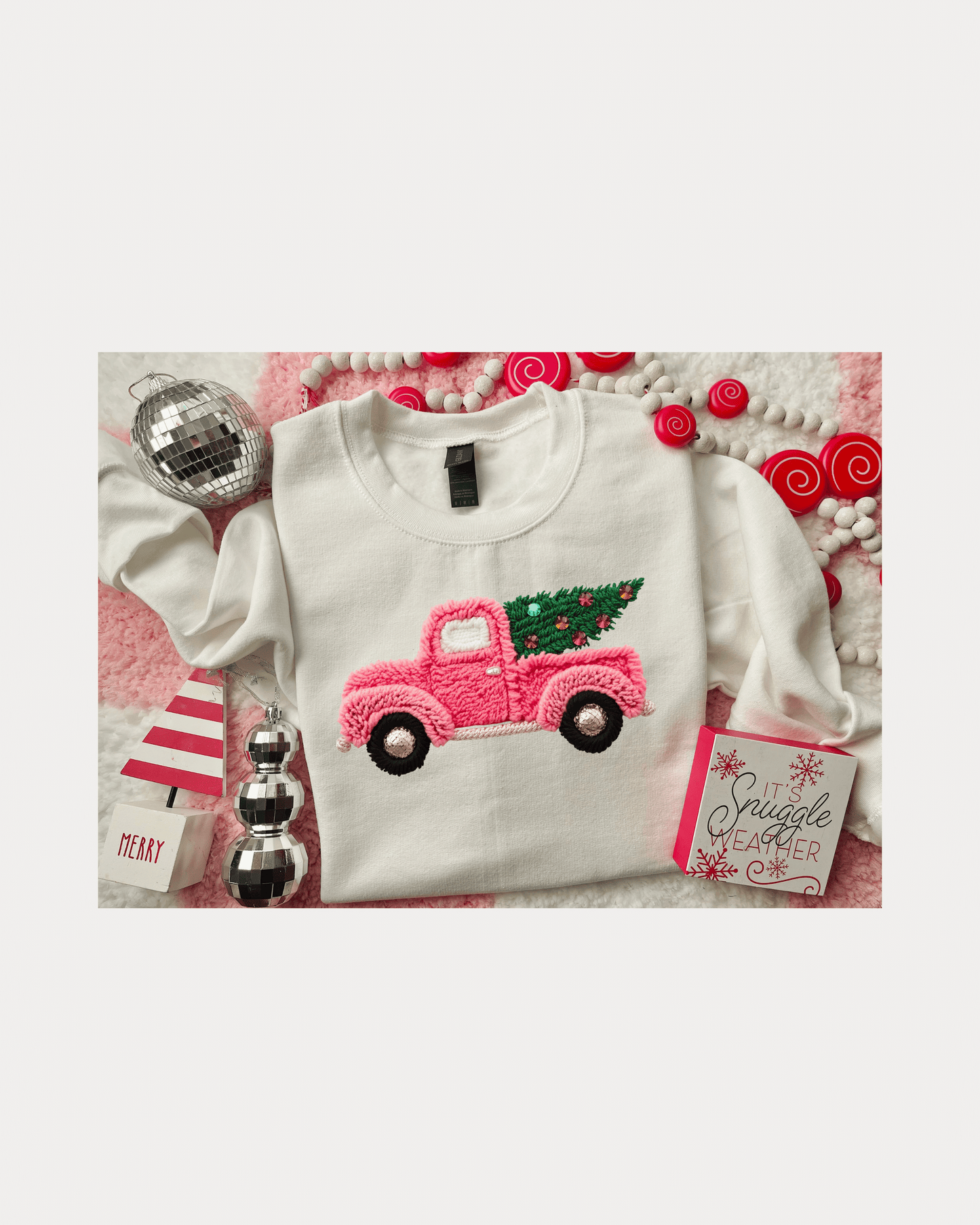 🎀 Pink Christmas Truck Tee – Faux Yarn Holiday T-Shirt with Christmas Tree Design