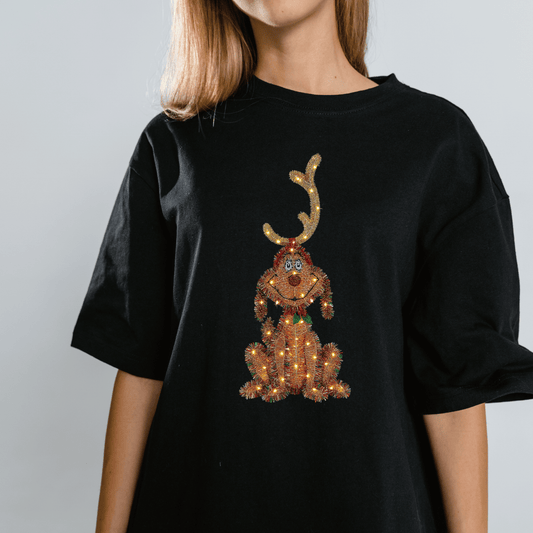Festive Tinsel Reindeer Dog Christmas Lights Tee – Cute Holiday Pup Design (T-Shirt, Sweatshirt, Hoodie)