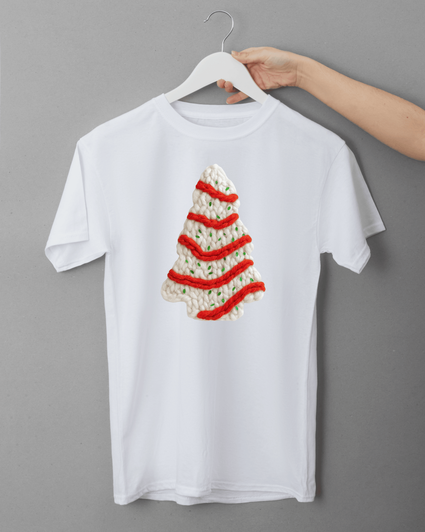 Cozy Christmas Tree Cake T-Shirt | Faux Yarn Holiday Tree Cake Design | Simple Festive Christmas Tee