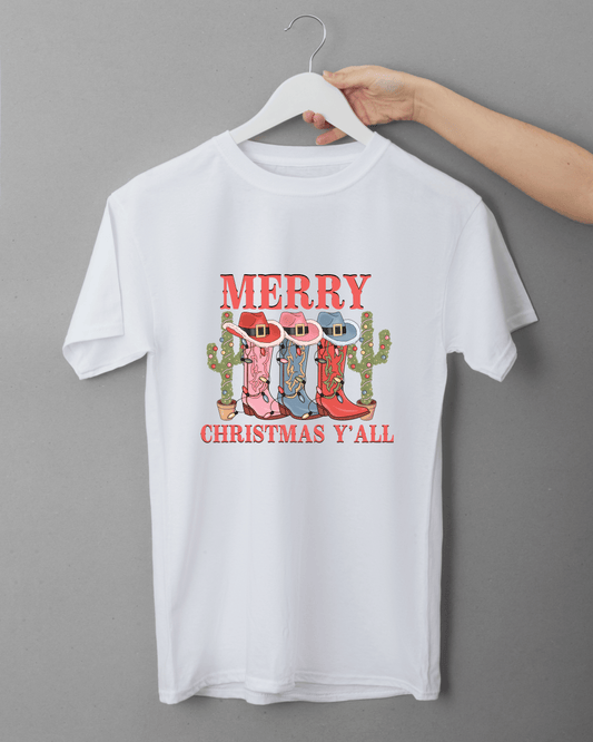 Merry Christmas Y’all T-Shirt | Western Cowboy Boot Holiday Tee | Country Christmas Graphic Shirt
