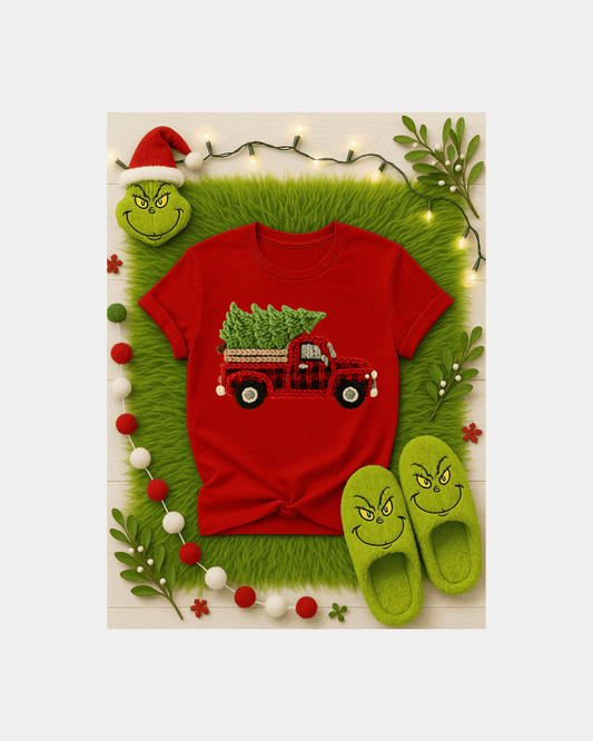🚛 Christmas Plaid Truck Tee – Cozy Faux Yarn Holiday T-Shirt