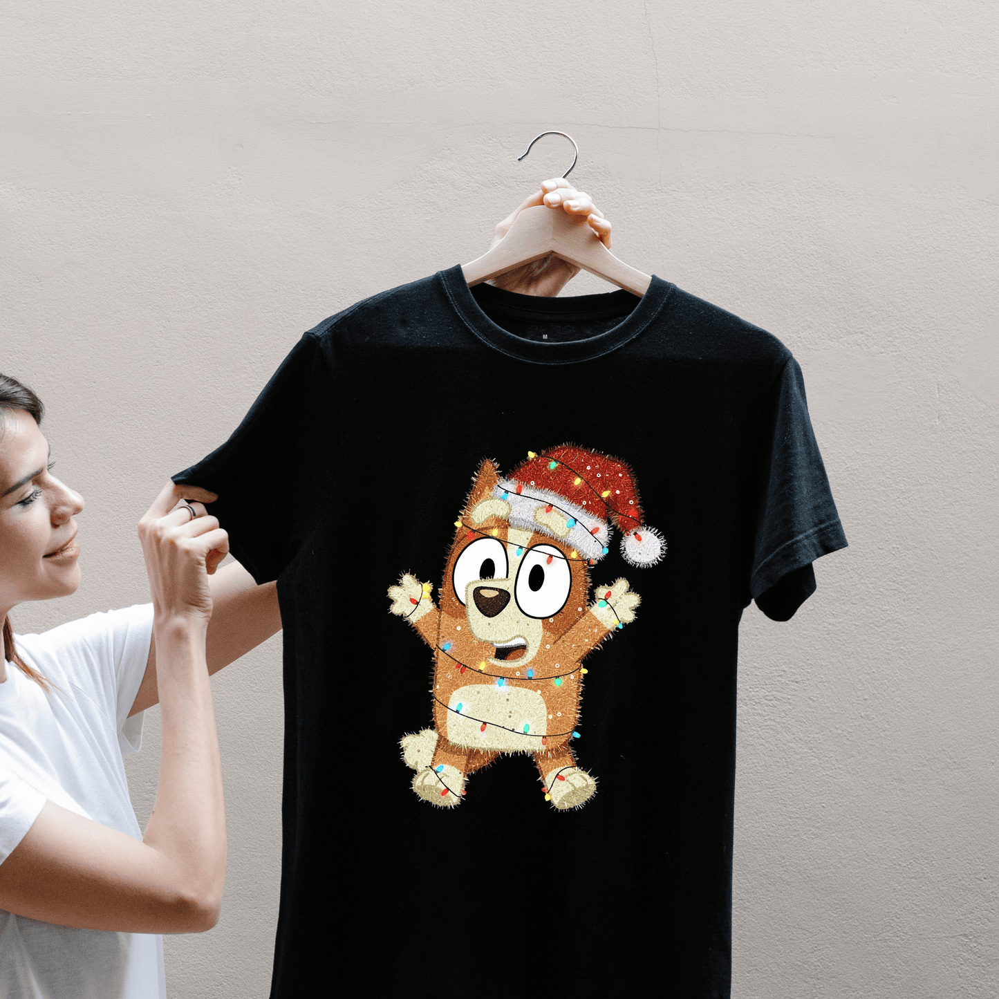 Festive Tinsel Holiday Pup Wrapped in Christmas Lights – Cute Christmas Dog Tee (T-Shirt, Sweatshirt, Hoodie)