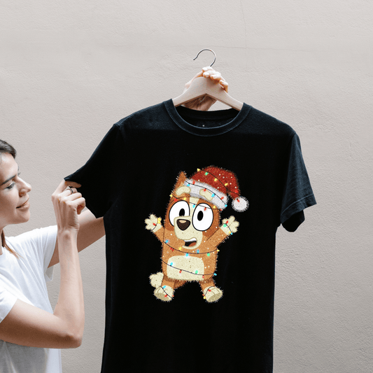 Festive Tinsel Holiday Pup Wrapped in Christmas Lights – Cute Christmas Dog Tee (T-Shirt, Sweatshirt, Hoodie)