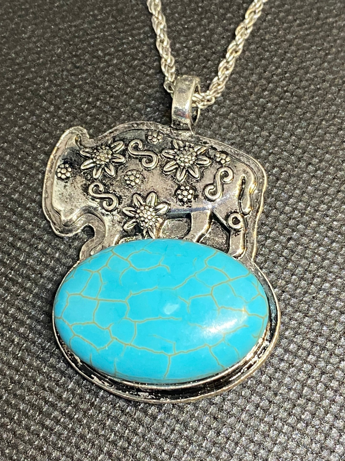 Turquoise Floral Buffalo Silvertone Necklace