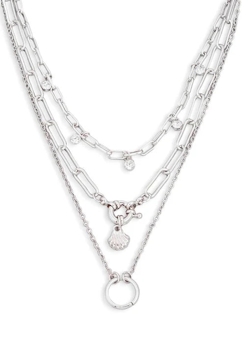 Double Chain Crystal Circle Charm Layered Necklace