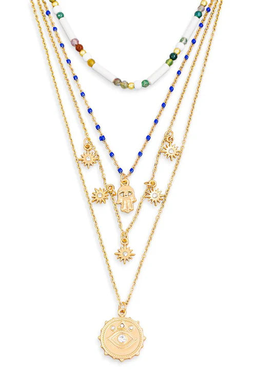 Four Layer Colorful Beads Evil Eye Pendant Necklace - Gold