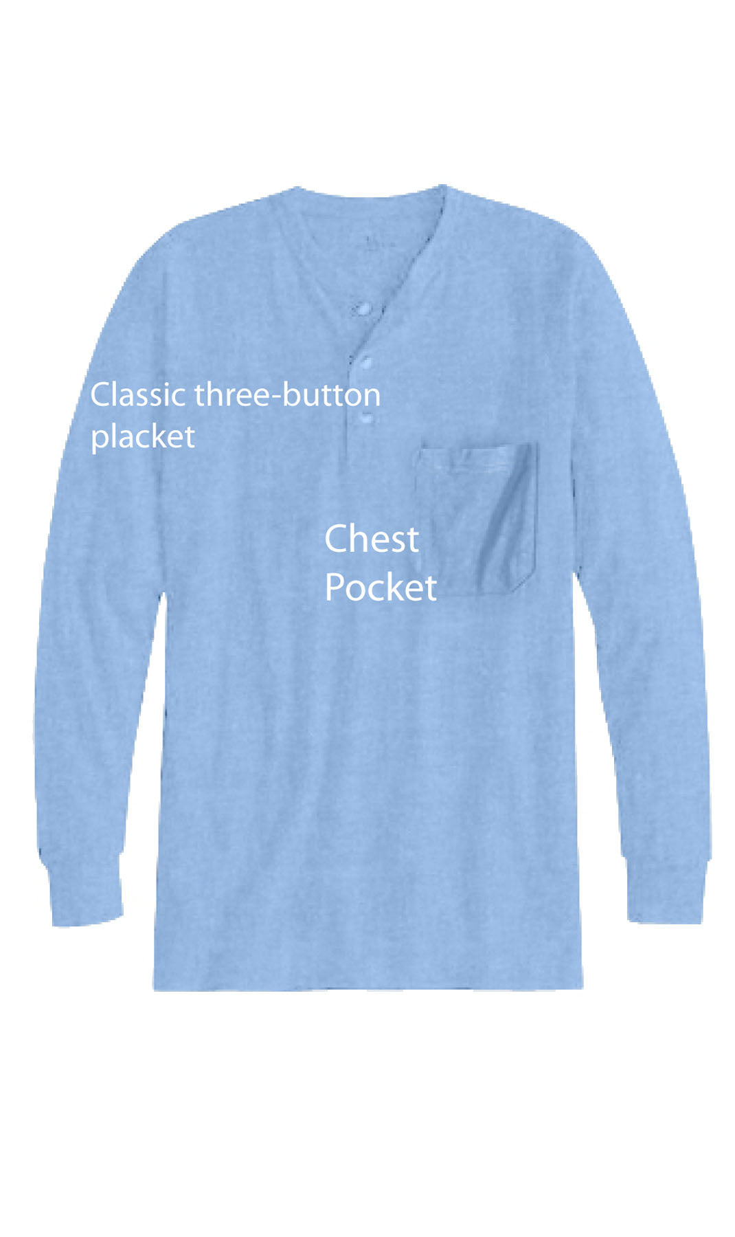 Men's Long Sleeve Henley shirt in cotton blend with 3 Button Placket & Chest Pocket