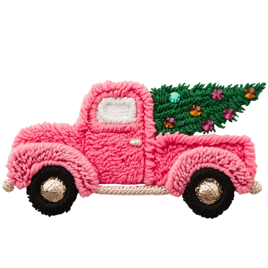 🎀 Pink Christmas Truck Tee – Faux Yarn Holiday T-Shirt with Christmas Tree Design