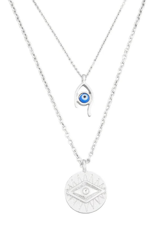 Two Layer Evil Eye Coin Charm Necklace - Silver