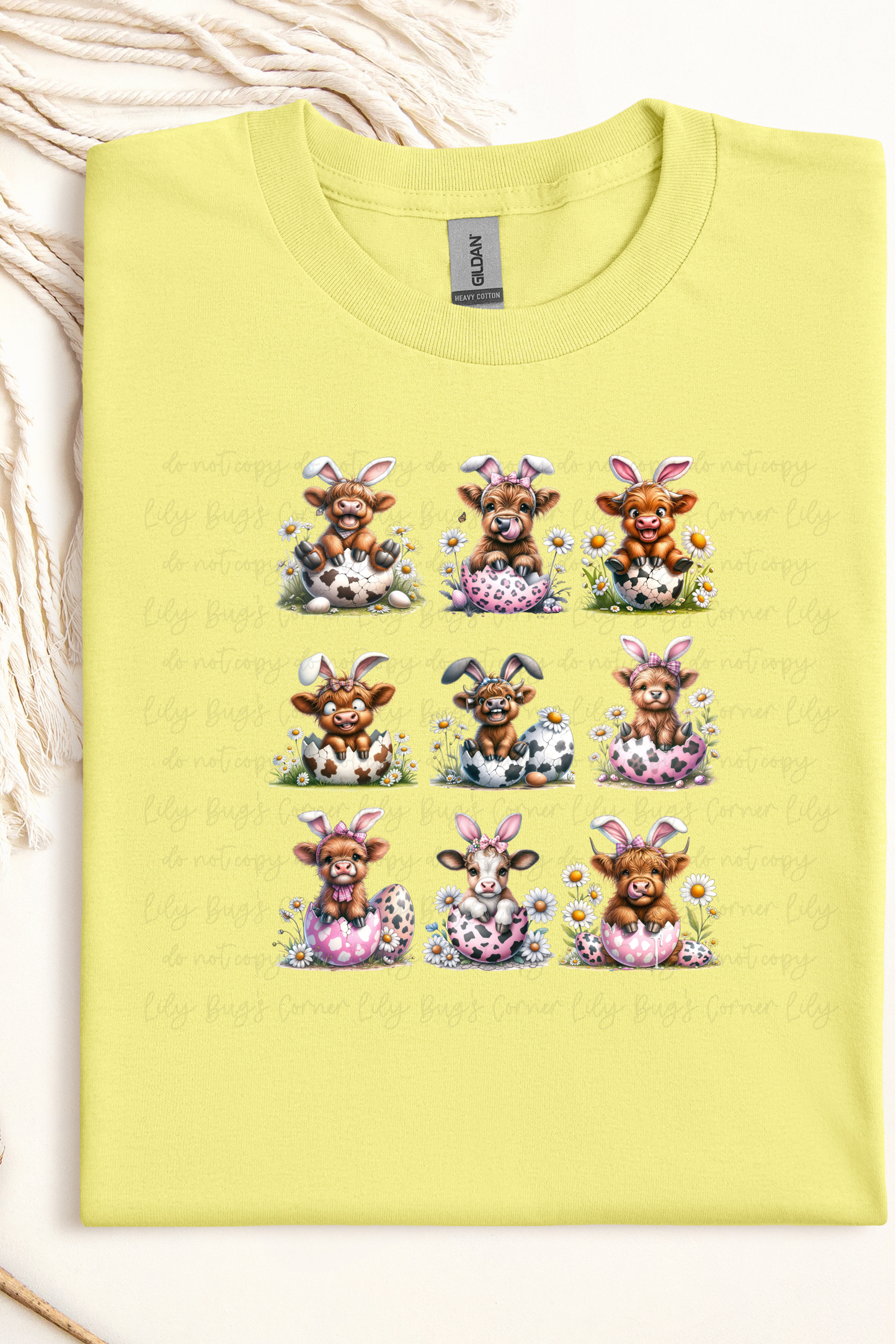 Highland Cow Easter Bunny Grid Graphic T-Shirt | Nine Cute Baby Cows Spring Tee | Farm Easter Holiday Shirt
