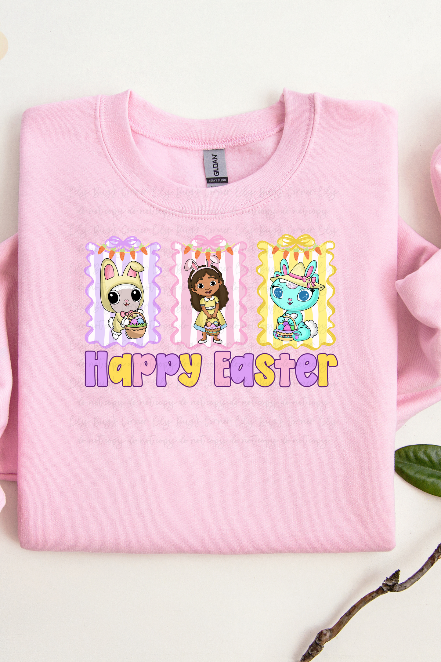 Dollhouse Friends Happy Easter Graphic Sweatshirt | Cute Cartoon Easter Crewneck | Kids Spring Holiday Top