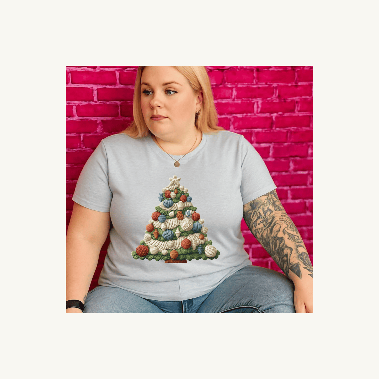 🎄 Cozy Yarn Christmas Tree Tee – Embroidered-Style Holiday T-Shirt