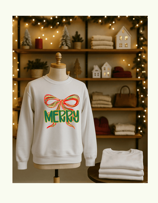 Merry Christmas Bow T-Shirt | Festive Coquette Holiday Tee | Cute Retro Ribbon Graphic Shirt