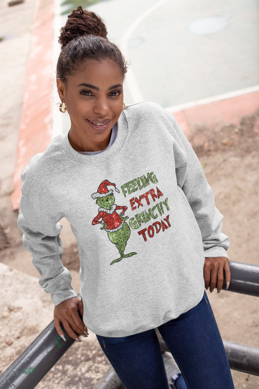 Feeling Extra Grinchy Today Holiday T-Shirt | Funny Christmas Mood Shirt | Festive Sequin Style Graphic Tee