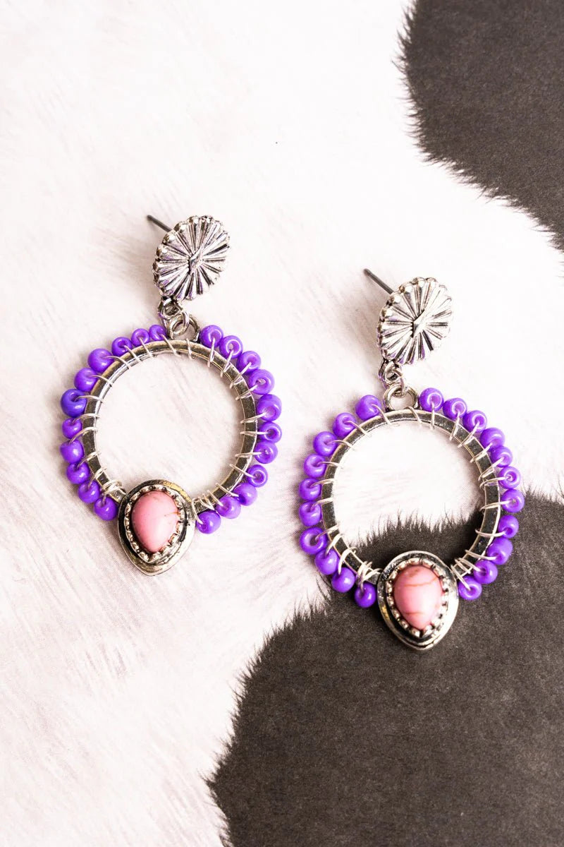 Purple and Pink Sea Cliff Beaded Hoop Earrings