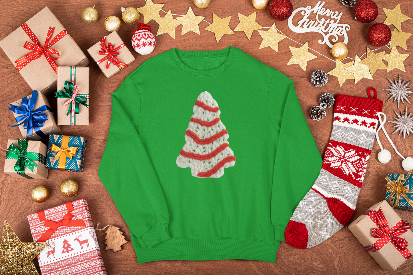 Cozy Christmas Tree Cake T-Shirt | Faux Yarn Holiday Tree Cake Design | Simple Festive Christmas Tee