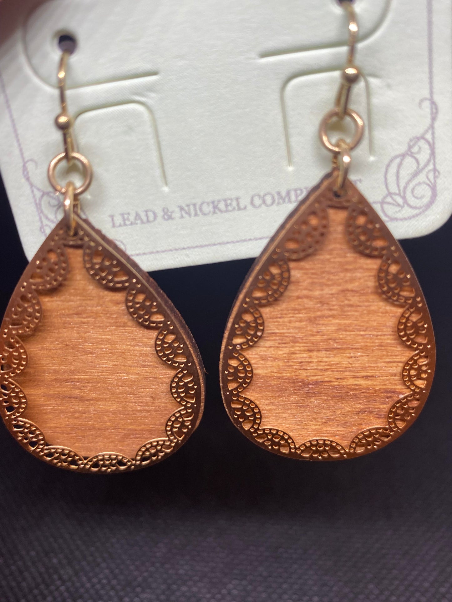 Brown Wood and Goldtone Layered Earrings